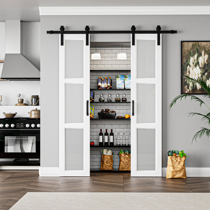White Frosted Glass and MDF Barn Door with Hardware Kit, 36"W x 84"H