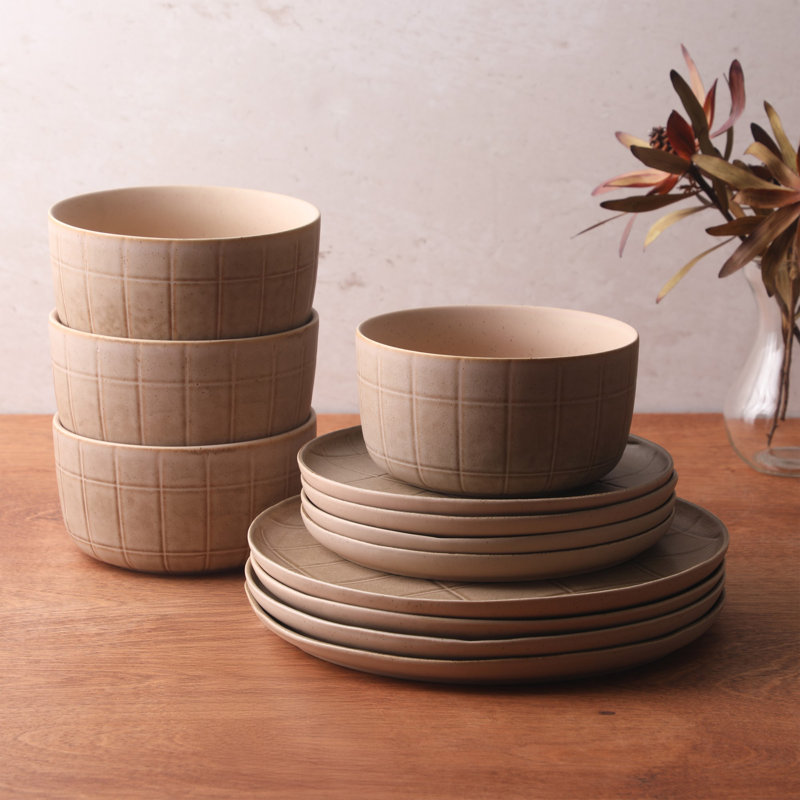 Ensemble de vaisselle en grès 12 pièces Gisbon Elite Milano Lines - Plats à motif de glacis réactif taupe - Va au micro-ondes et au lave-vaisselle
