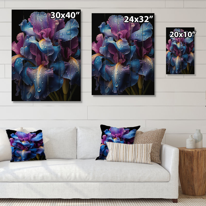 Iris mauve bleu irisé sur bois, H 40 po x l 30 po x P 0,78 po