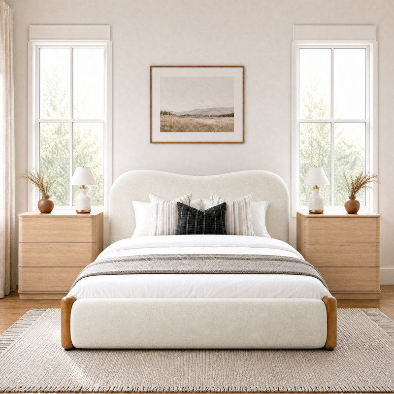 Ensembles de chambre à coucher 3 pièces avec tête de lit incurvée artistique, Blanc / Chêne clair, Très grand lit