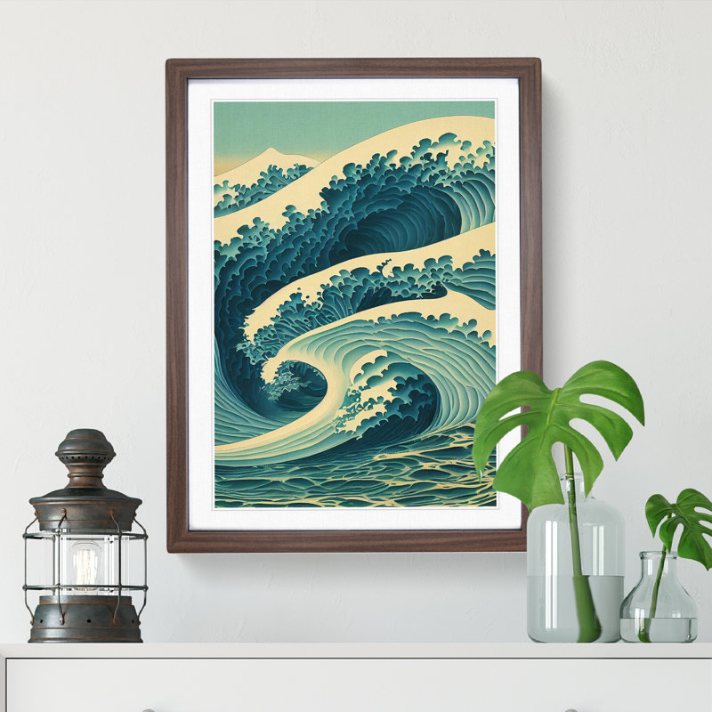 Traditional Japanese Wave No.4 - Wall Art, 48cm H x 36cm W, Walnut Framed, White
