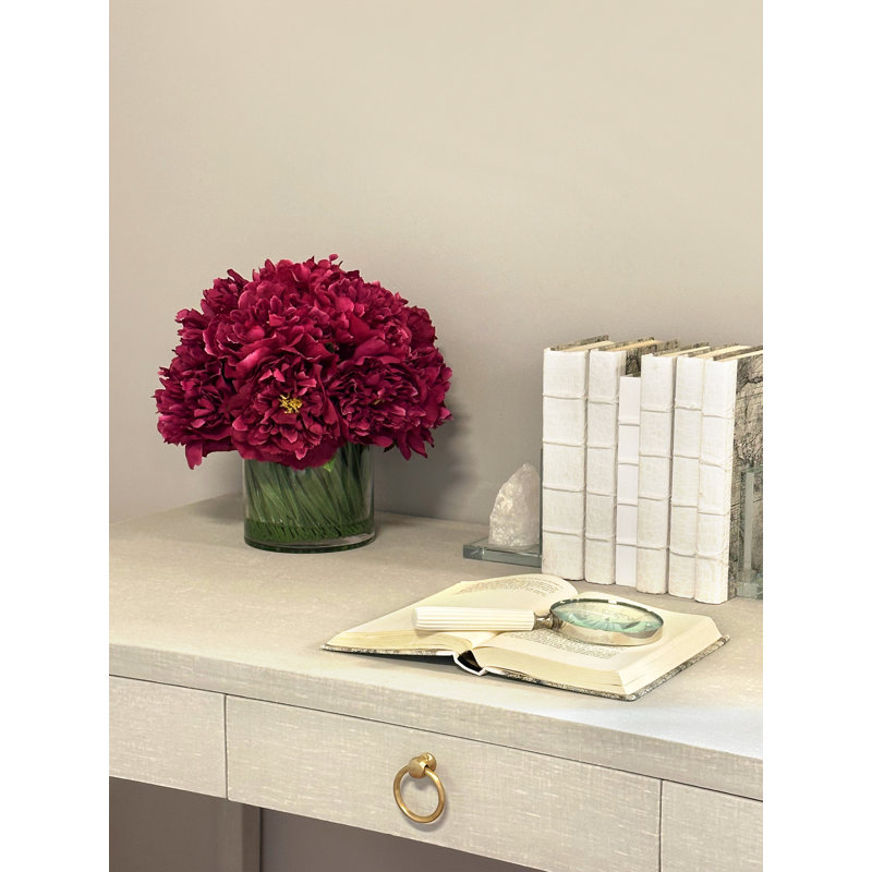 Faux Peony Arrangement in a Glass Vase, Dark Magenta