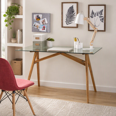 Modern Acacia Wood and Tempered Glass Computer Desk for Home Office, Large Conference Table with Durable A-Frame Design
