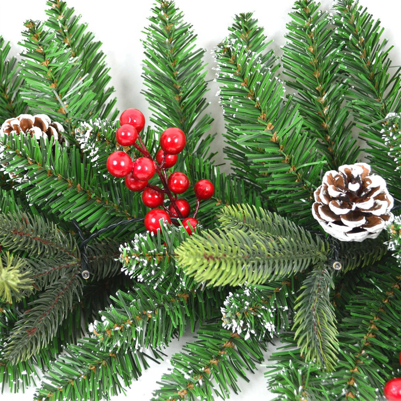 2m Green Pre-Lit Christmas Garland with Warm White LEDs, Berries, Pine Cones and Frosted Tips