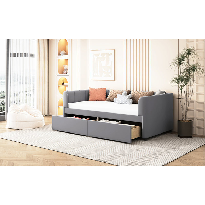 Lit de jour simple avec support pour le dos ergonomique et 2 tiroirs, tiroirs en velours gris chic, Gris