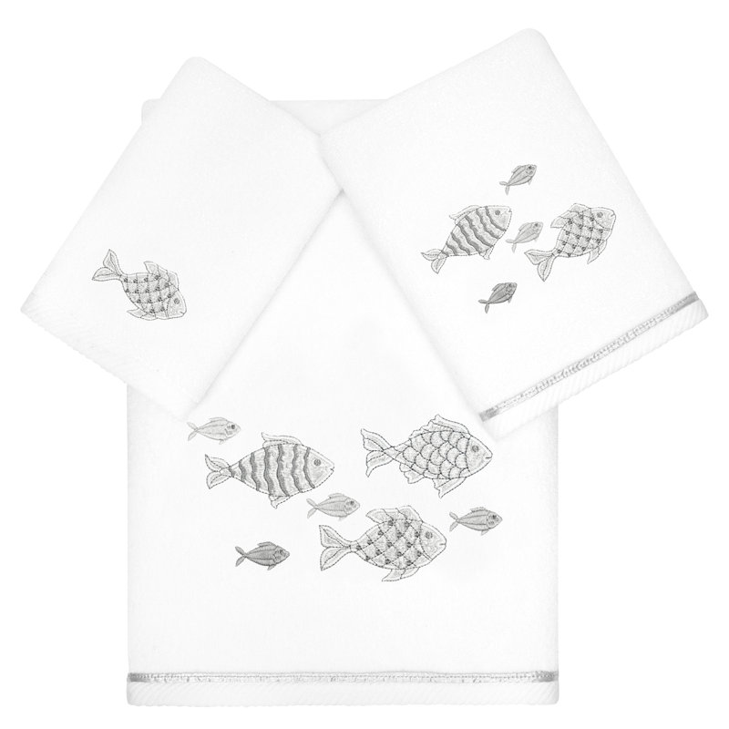 FIGI 3PC Embellished Towel Set 3 Piece Turkish Cotton Towel Set, White