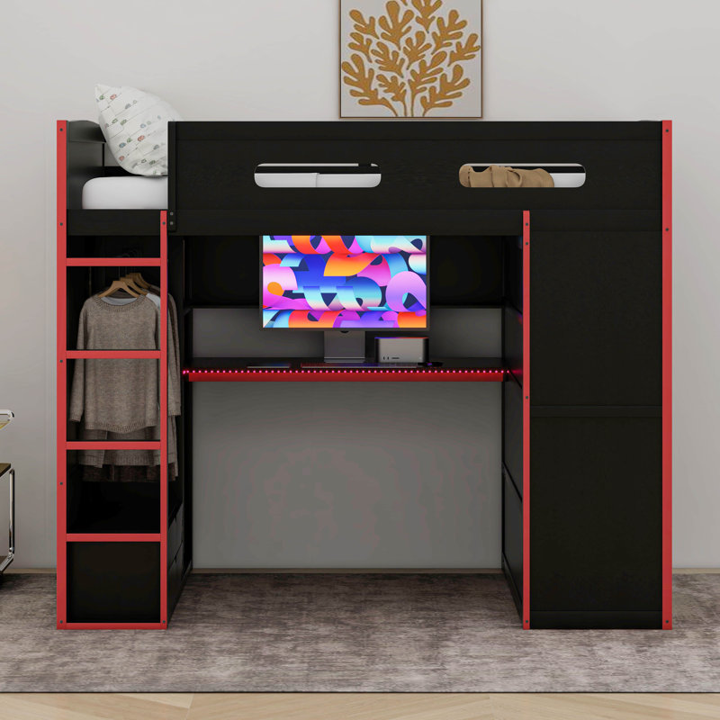 Full Size Wood Loft Bed With Desk,Wardrobe,Ample Storage Space,And RGB LED Light, Red