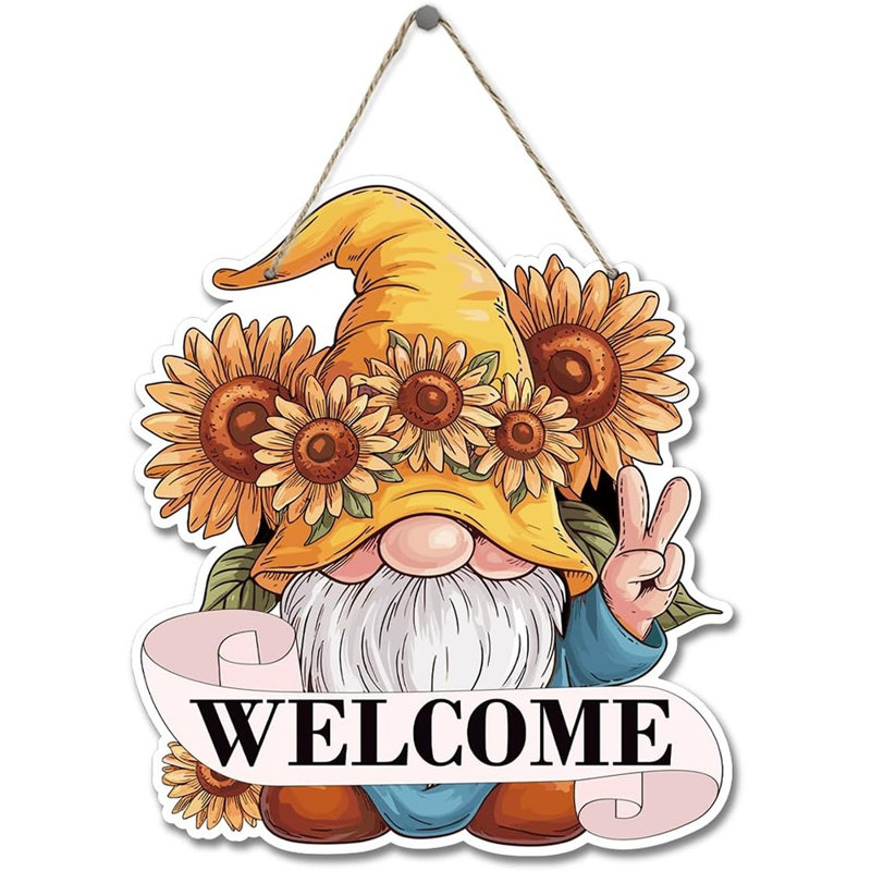 Panneau de bienvenue en tournesol avec gnome en bois