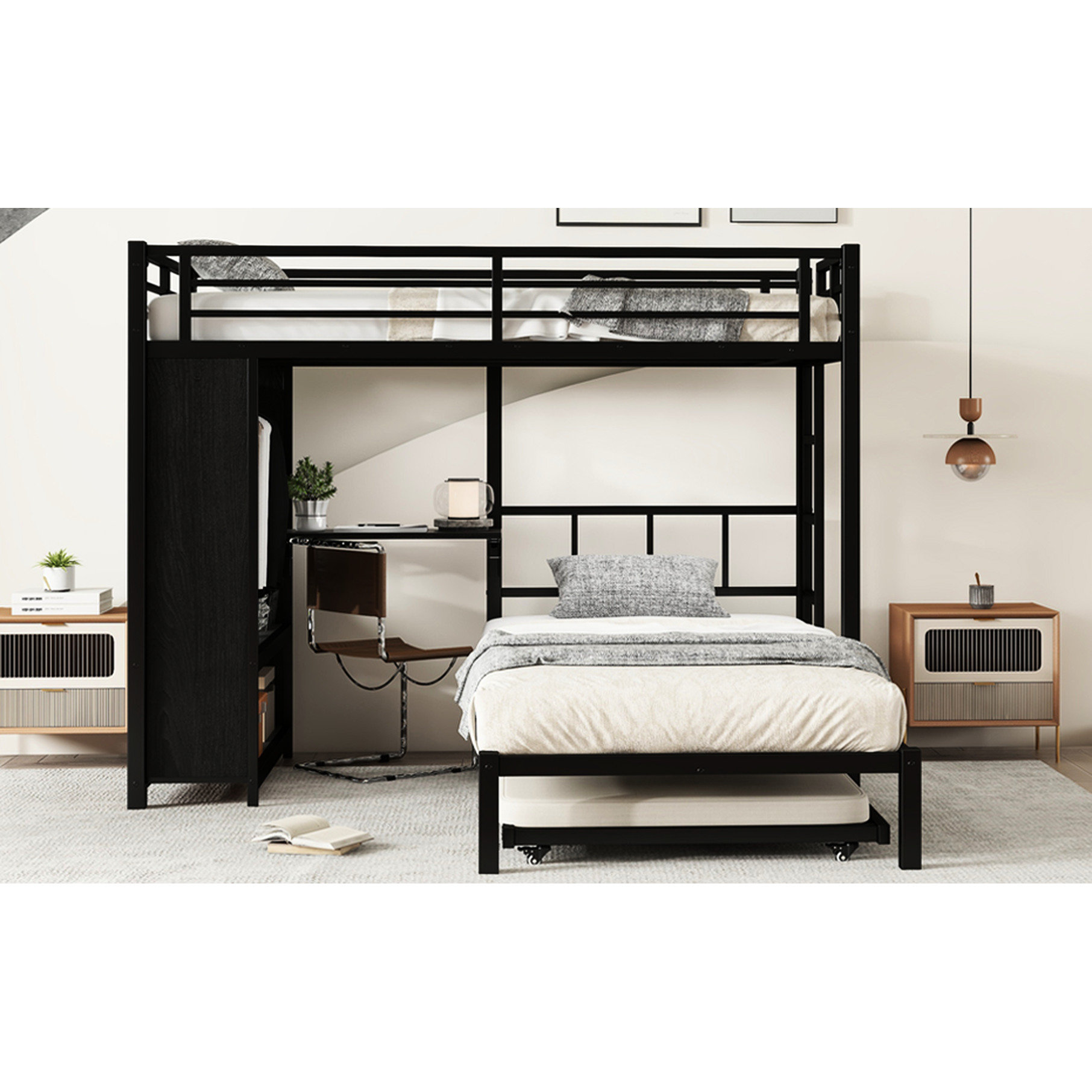 Brayden Studio® Black Bunk Bed Of Metal Construction With A Built - In ...