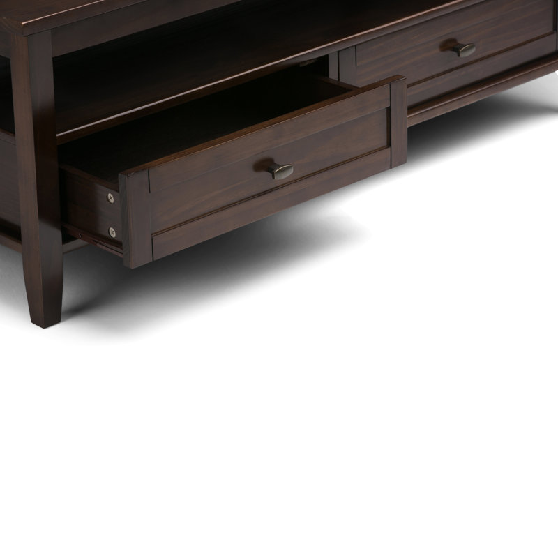 Warm Shaker 48"W Solid Wood Coffee Table with Two Storage Drawers and Open Shelf, Tobacco Brown