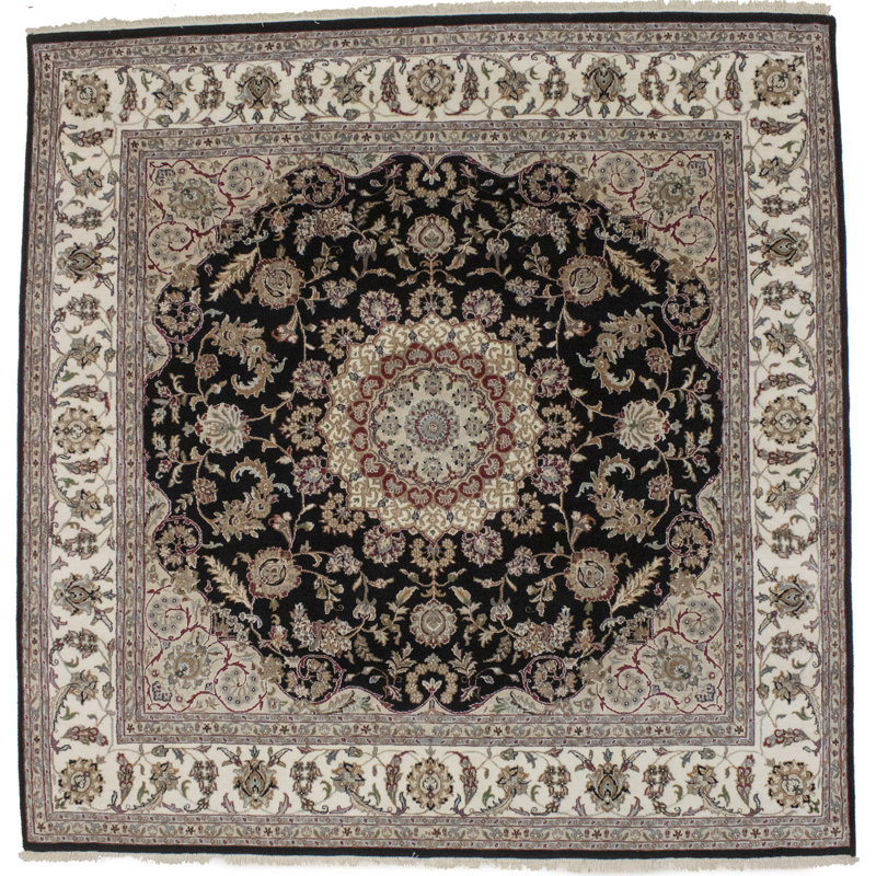 Tapis noir / ivoire / rouge en laine noué à la main 8 pi 1 po x 8 pi 3 po Oriental