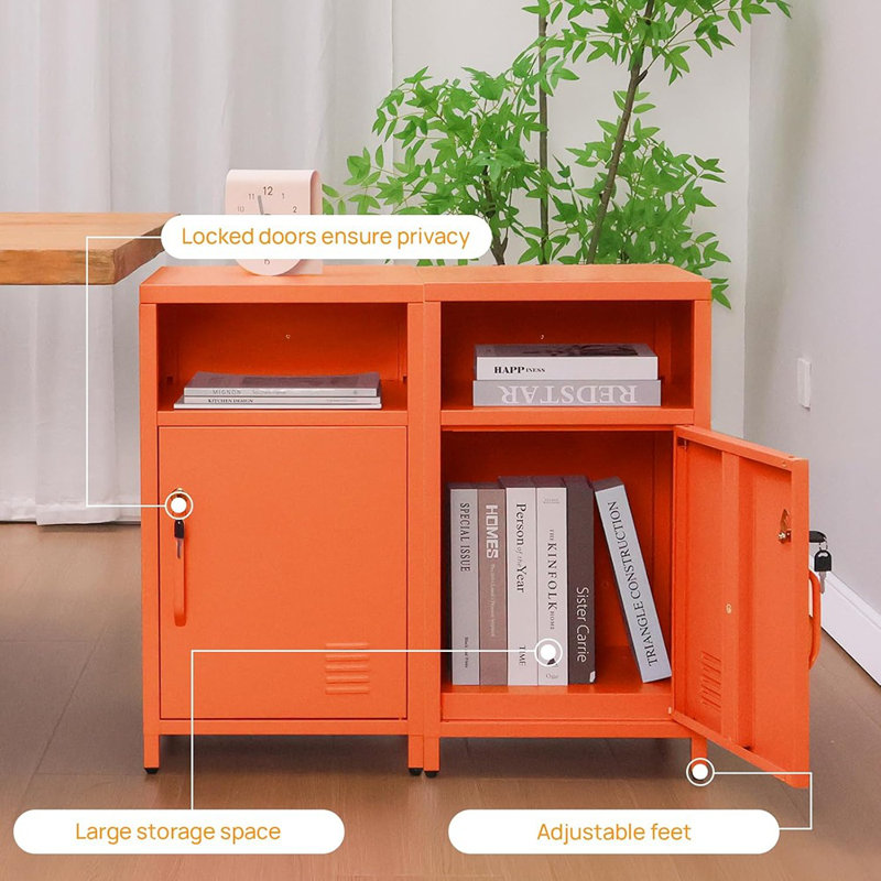Table de chevet compacte en métal avec armoire verrouillable et tablette ouverte, table de chevet moderne, table d'appoint polyvalente pour la chambre à coucher, le salon ou le bureau (orange, porte verrouillable en H de 26 po)