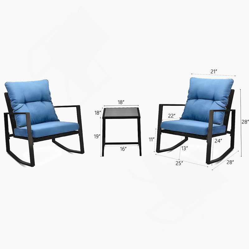 3 Pieces Patio Bistro Set Outdoor Rocking Chair W Blue Cushion For Yard Garden Poolside