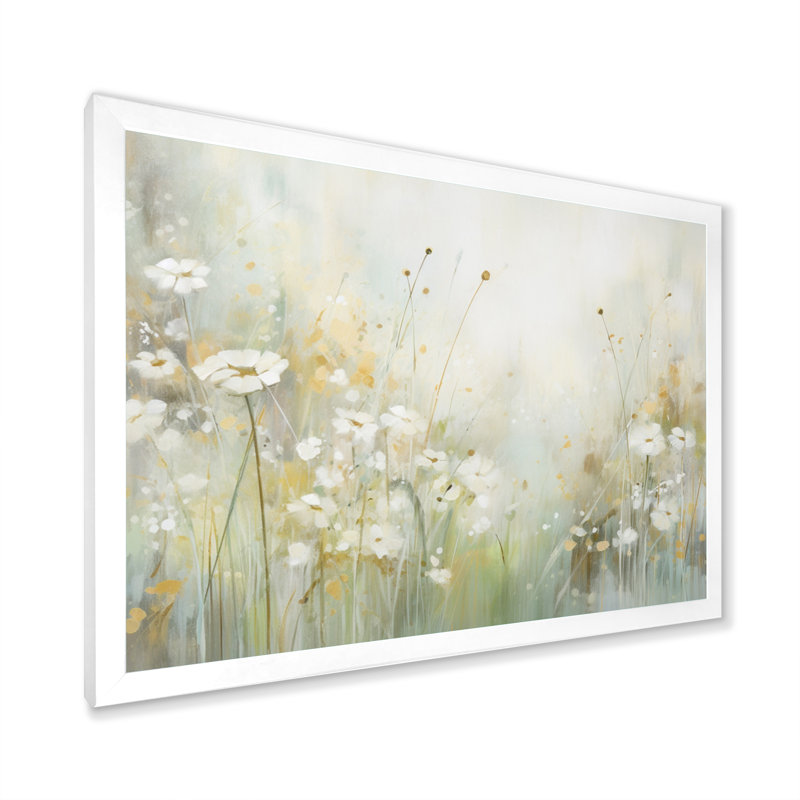 «Green Beige Serene Meadows II - Abstract Botanicals», art mural, Cadre simple blanc, H 24 po x l 32 po x P 1 po