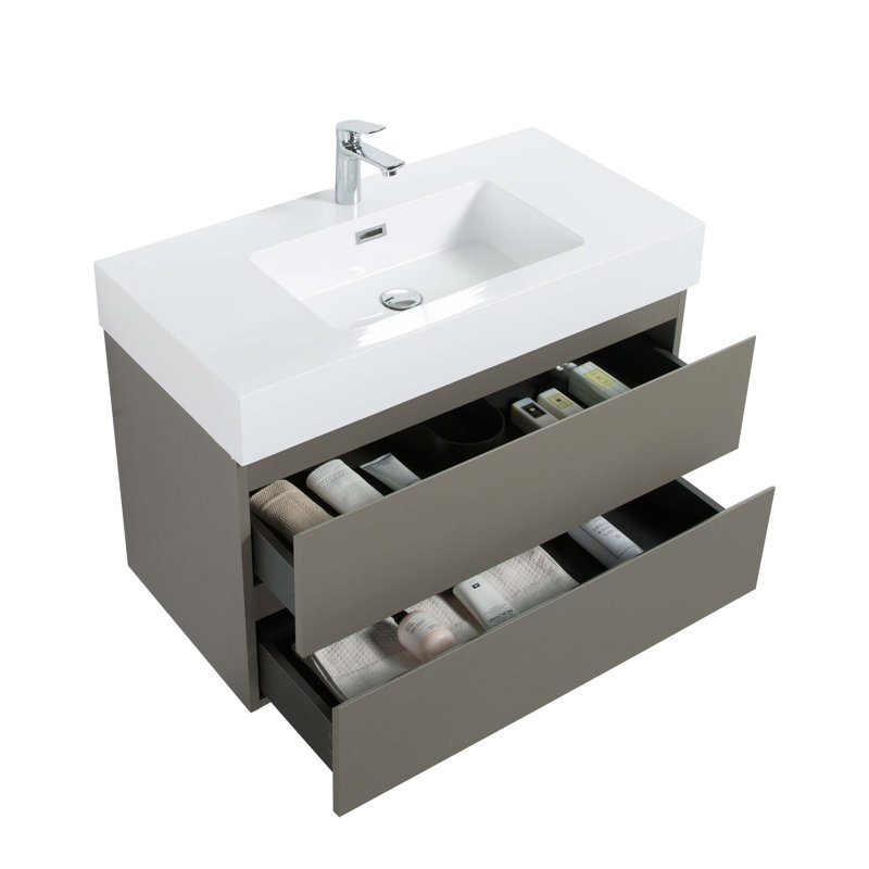 Meuble-lavabo mural flottant avec lavabo et rangement, Tanné, Blanc