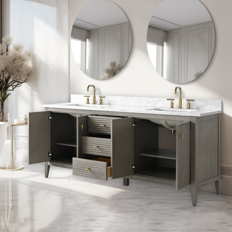 Meuble-lavabo double 72 po avec plateau en marbre, Doré brossé, Gris flottant linéaire