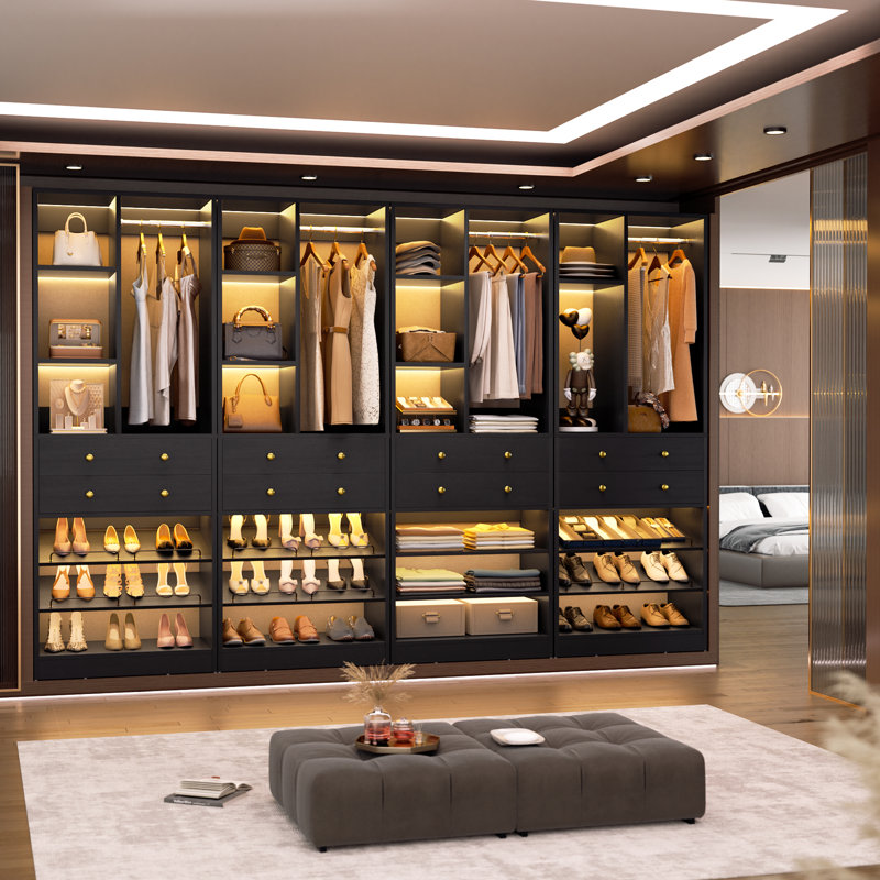 112" Closet Organizer System With Drawers And Shelves, Black, 80"H x 112"W x 16"D