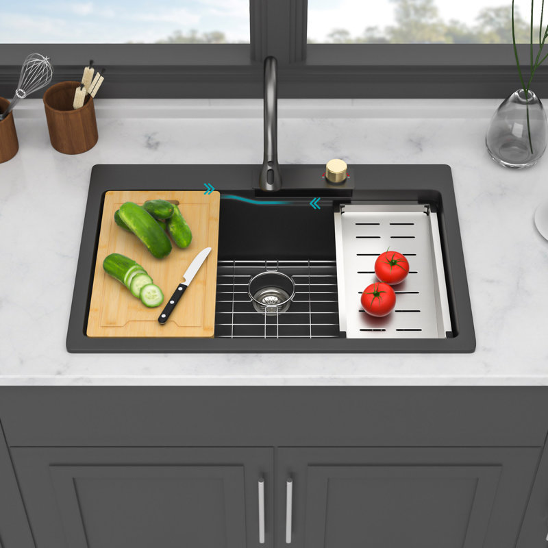 Drop In Waterfall Kitchen Sink - 33X22" Composite Granite Quartz Single Bowl Workstation Kitchen Sink With Pull-Out Faucet