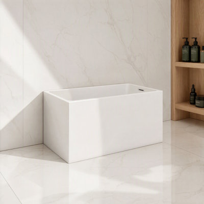 43" Rectangular Pedestal Gloss White Freestanding Acrylic Bathtub, UV5 Anti-Yellowing Surface, Complete Chrome Overflow & Pop-Up Drain, CUPC Certified Soaking Tub for Compact Modern Bathrooms