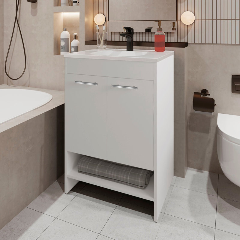 Meuble-lavabo 2 portes avec rangement ouvert, Blanc, Blanc