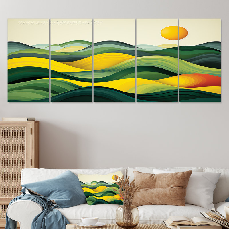 «Green and Yellow Line Art Mountain Valley - Meadow», ensemble de 5 pièces, H 28 po x l 60 po