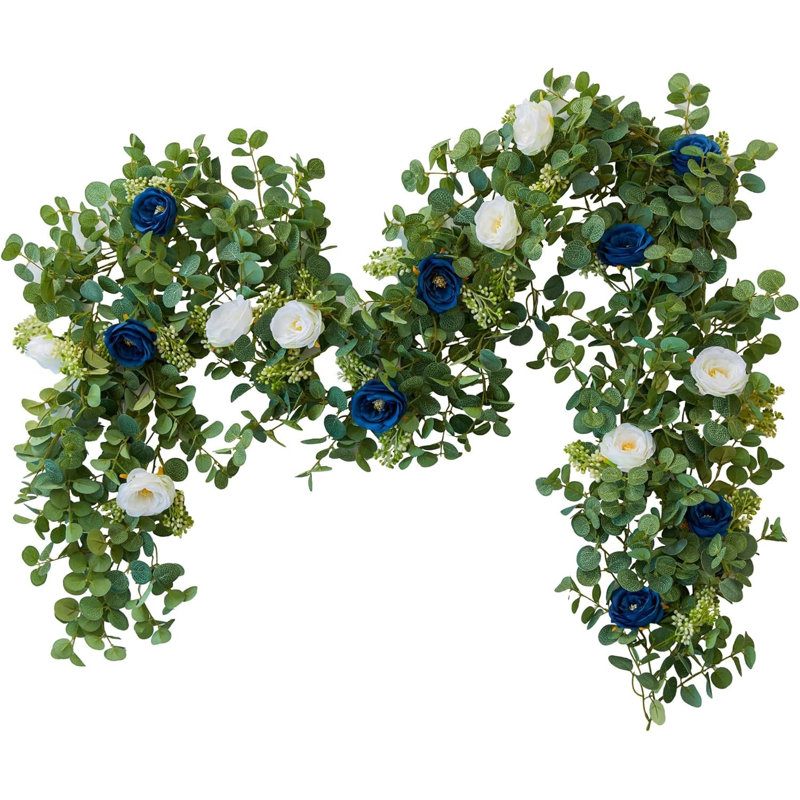 Guirlande 6,56 pi Eucalyptus avec roses bleues et blanches