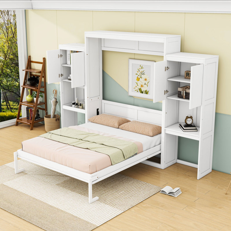 Grand lit escamotable en bois avec coiffeuse et armoire et lattes, Blanc