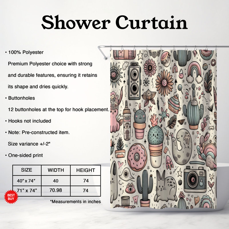 Rideau de douche 1 pièce Pastel Scribble Fun, H 74 po x l 71 po