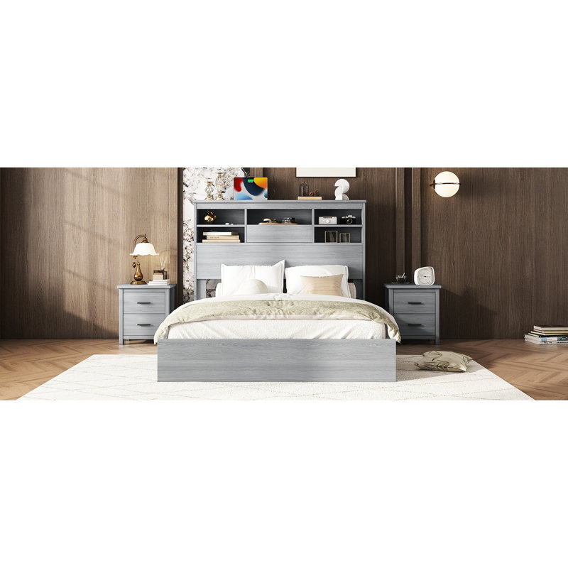 Grand lit plateforme avec rangement fonctionnel et tête de lit pour tête de lit fonctionnelle, Gris clair