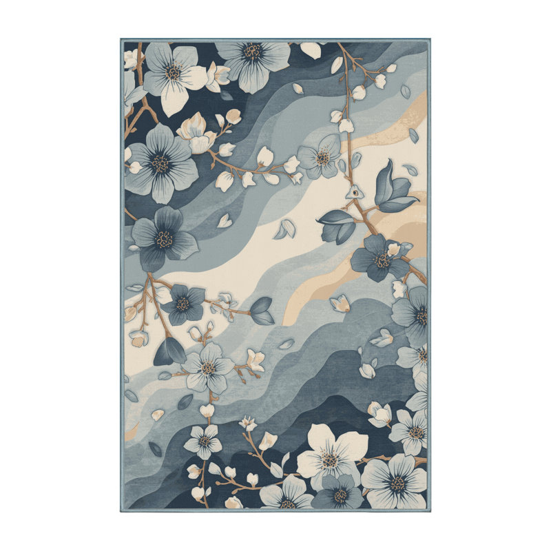 Machine Washable Pascasio Cherry Blossom Petals Traditional Floral Rug in Beige – Binding, 6x9