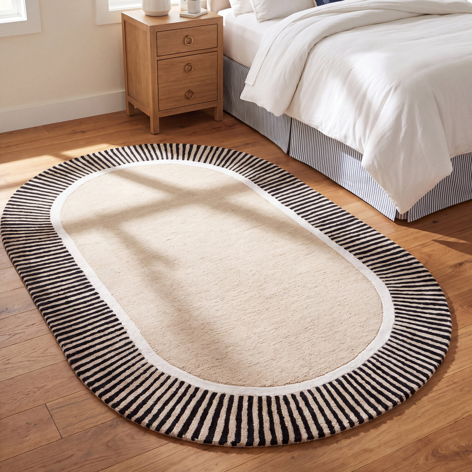 Beige Black Hand-Tufted Striped Wool Rug, Oval 9' x 12'