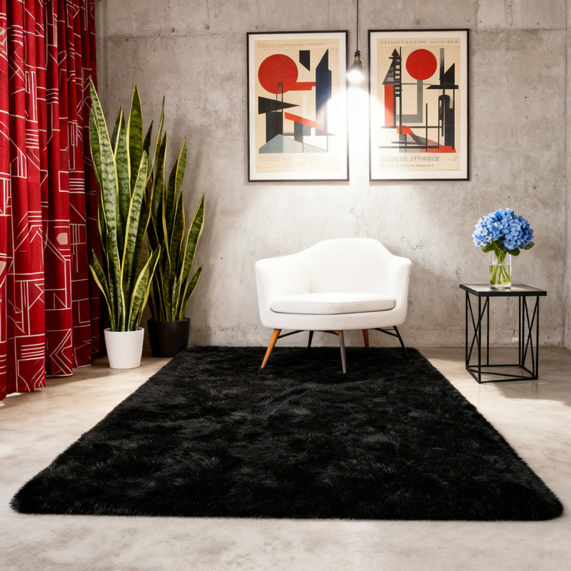 Soft Fluffy Black Faux Sheepskin Area Rug, Rectangle 3' x 5'