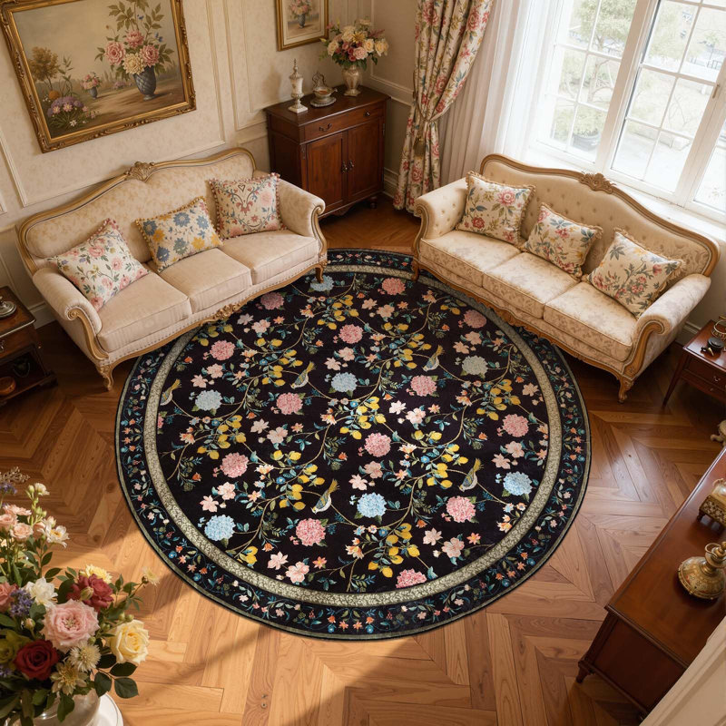 Botanical Floral Washable Non-Slip Area Rug, 8'R, Black
