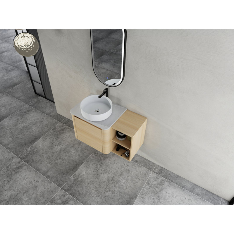 Meuble-lavabo mural 36 po avec lavabo d'art en céramique et tablettes de rangement, porte à fermeture en douceur, emballage KD, contreplaqué