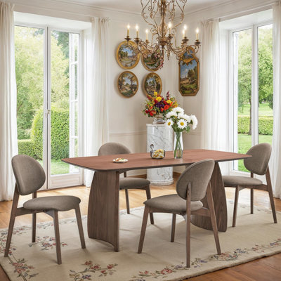 5-Piece Rectangular Dining Set with Padded Chairs - Wooden Table, Walnut Veneer, Seats 4, Curved Base(1 Wooden Table,4 Padded Chairs)