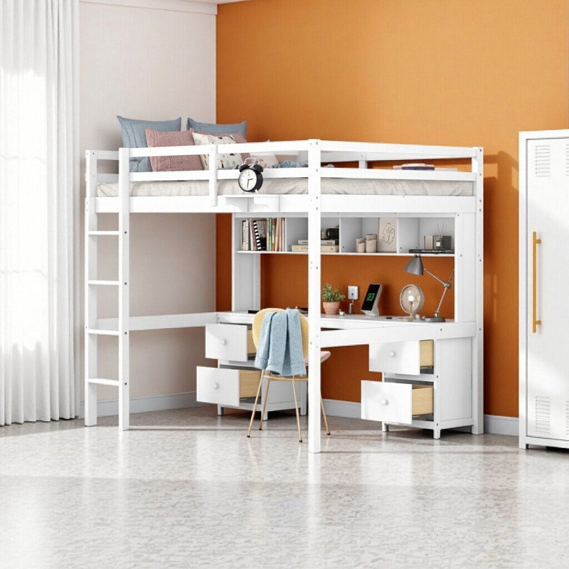 Lit mezzanine double pleine grandeur avec bureau, armoires de rangement, station de charge et tiroirs en gris - Une merveille pour la vie moderne