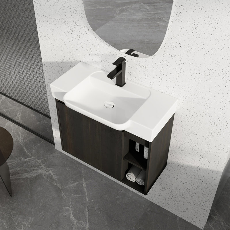 Meuble-lavabo mural 28 po avec lavabo en céramique blanche et porte à fermeture en douceur, emballage KD, chêne foncé