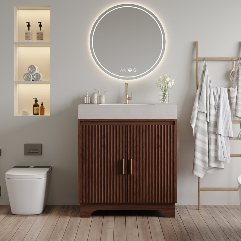 Meuble-lavabo autoportant contemporain Elara 30 po en pierre frittée avec comptoir en pierre frittée, lavabo en céramique et rangement intégré