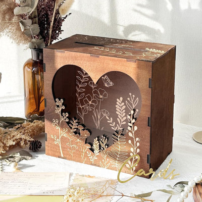 Wooden Wedding Gift Card Box, Brown, Laser-engraved Flowers, Heart Acrylic Window, for Wedding, Birthday, Graduation, Baby Shower
