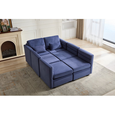 Calkins Modular Sectional Sofa Sleeper Couch Bed With Storage Seats, Blue