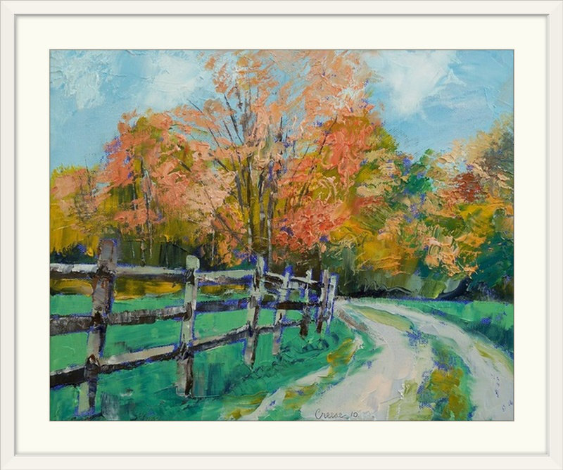 «Muldridge Old Country Road» par Michael Creese - impression, H 24 po x l 28 po x P 1 po, Cadre blanc