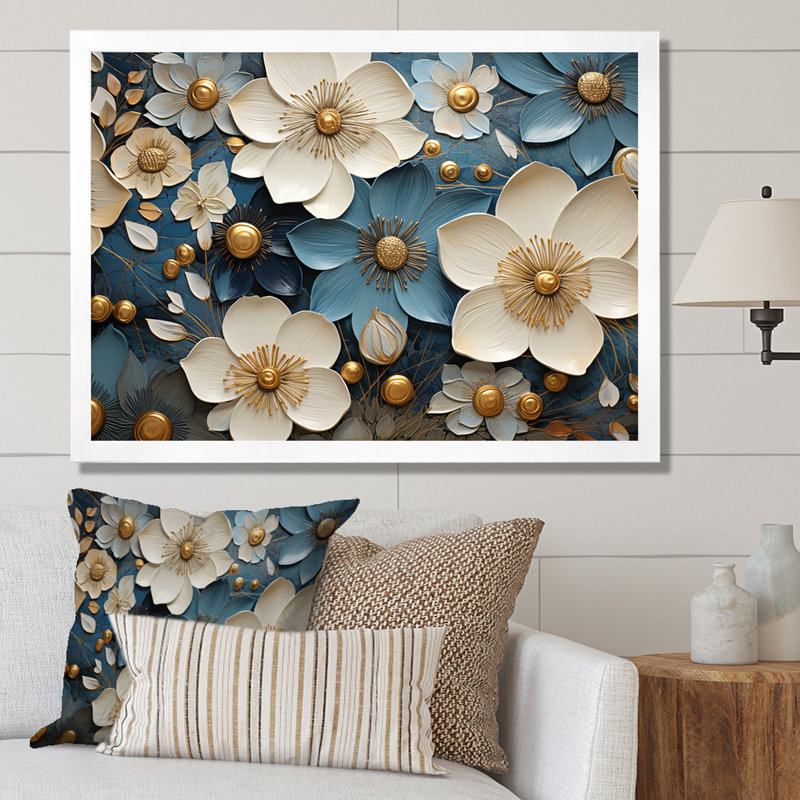 «Golden Golden» et «White Seasonal Flowers Dream V» sur impression sur toile, Cadre simple blanc