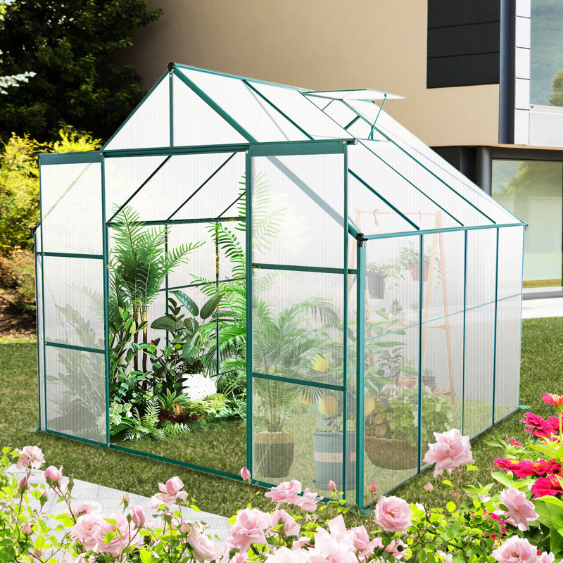 Serre en polycarbonate robuste de 8 pi x 8 pi, base galvanisée, avec une bonne ventilation pour le système de drainage des plantes d'extérieur, en toutes saisons