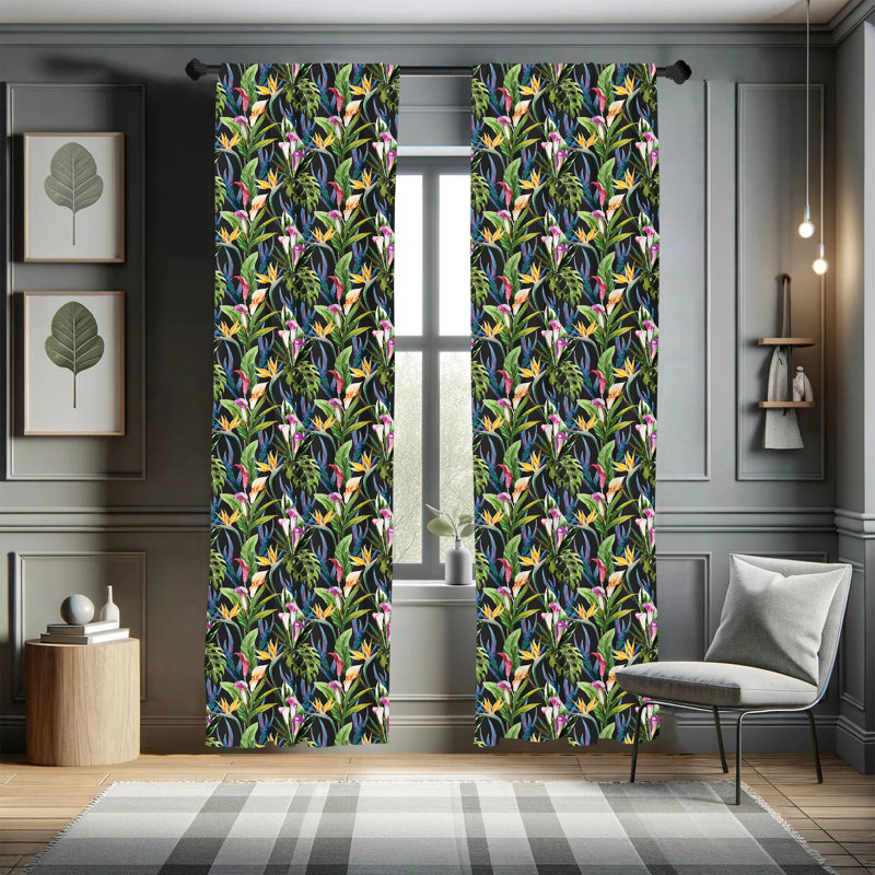 Jungle Leaves Floral Semi-Sheer Rod Pocket Curtain Panels, 28" x 63"