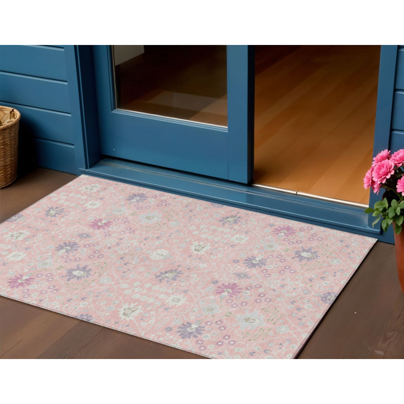 Tapis d'intérieur lavable oriental rose 3 pi x 5 pi rose et gris