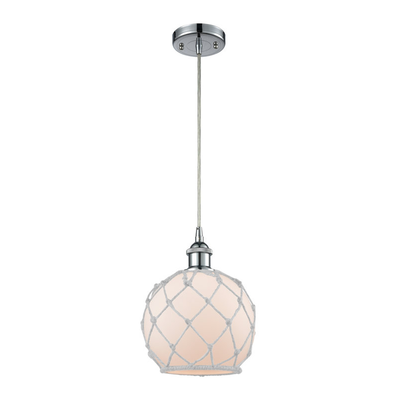 Luminaire suspendu en forme de globe à 1 lumière avec accents en corde Tobey, H 10 pi x l 8 po x P 8 po, Blanc et blanc
