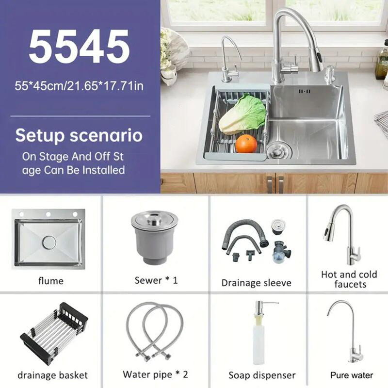 21.7 in Kitchen Sink Stainless Steel Single Bowl Sink with Pulldown Faucet, Brushed Nickel
