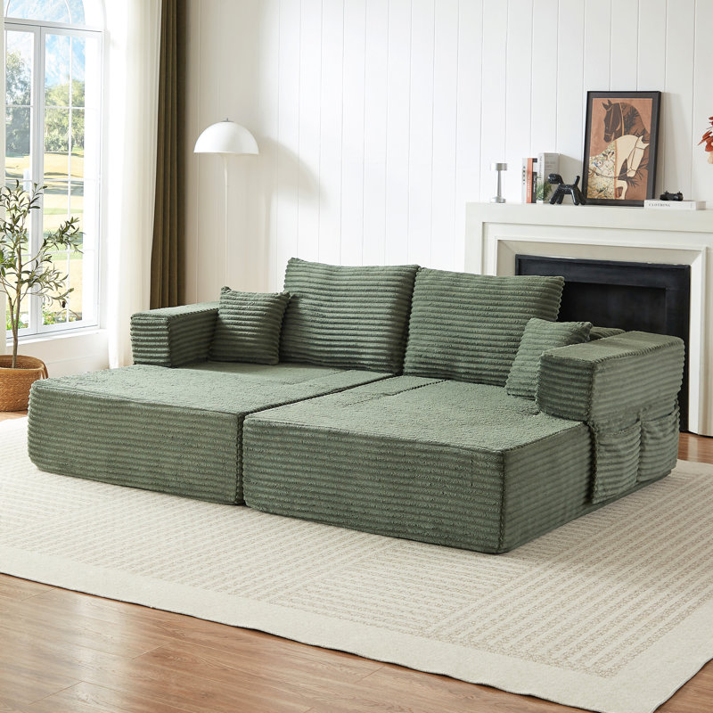 Canapé d'angle modulaire en forme de L, convertible 2 en 1, 2 places en mousse, accoudoirs amovibles avec poches de rangement, 2 coussins de dossier et 2 coussins décoratifs pour salon