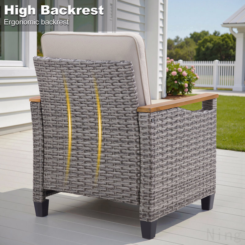 Chaise longue d'extérieur en osier gris, ensemble de 2 chaises longues de patio avec coussins beiges pour porche ou terrasse