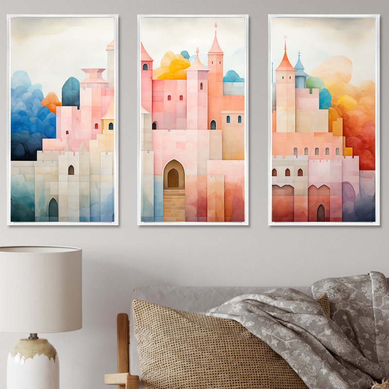 «Bold Pink Pastel Castle - Castles», ensemble d'art sur toile, Cadre flottant blanc, H 32 po x l 48 po x P 1 po